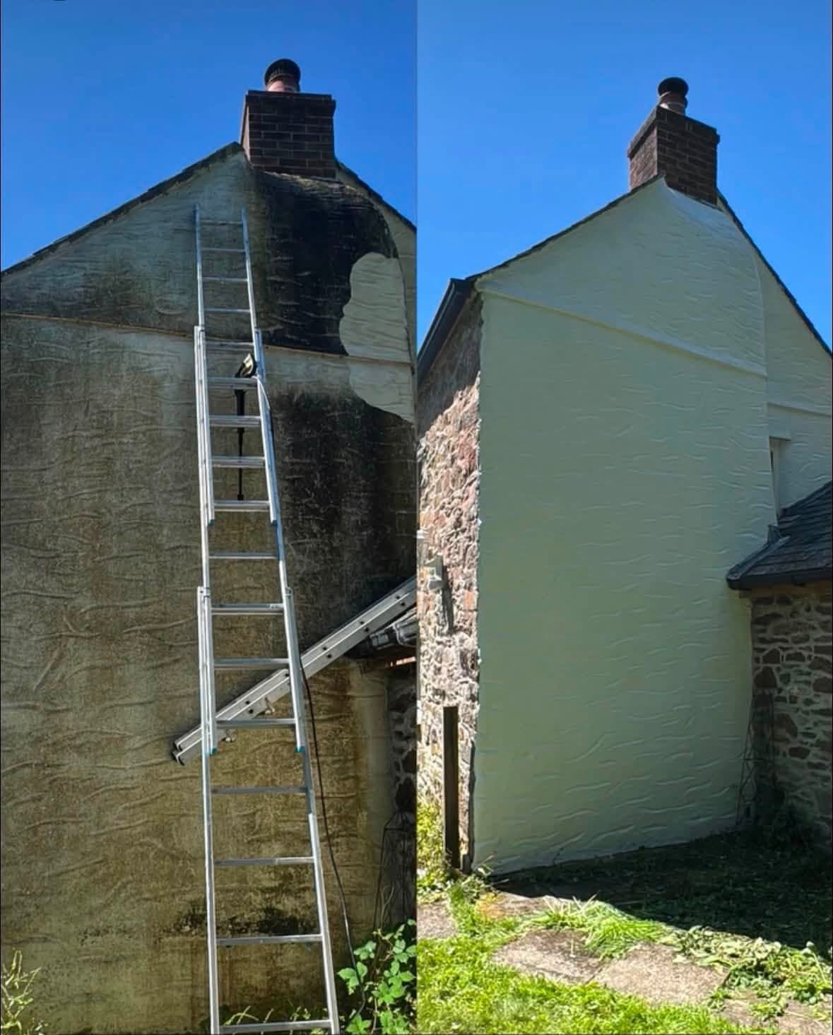 Before and after of a rendered gable end: green algae and peeling paint with a ladder against the chimney, then the same wall cleaned and painted a fresh cream
